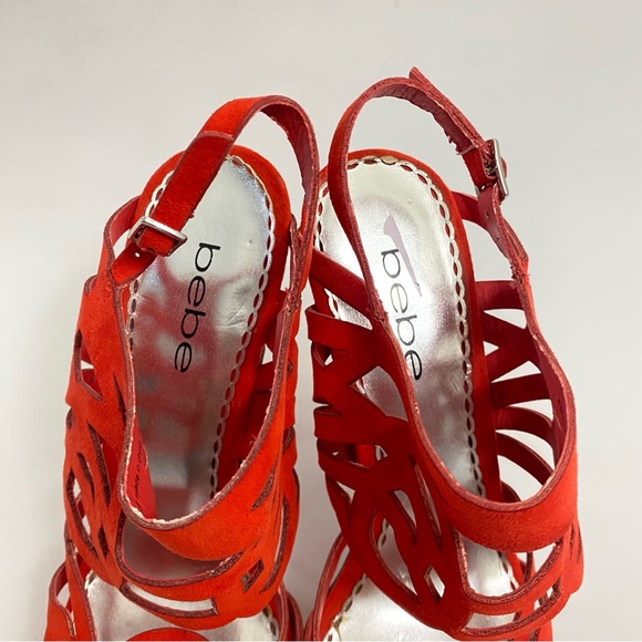 BEBE Red Platform Heeled Sandals Pumps 7 M Open Toe Ankle Strap Heels Stiletto - Picture 11 of 14